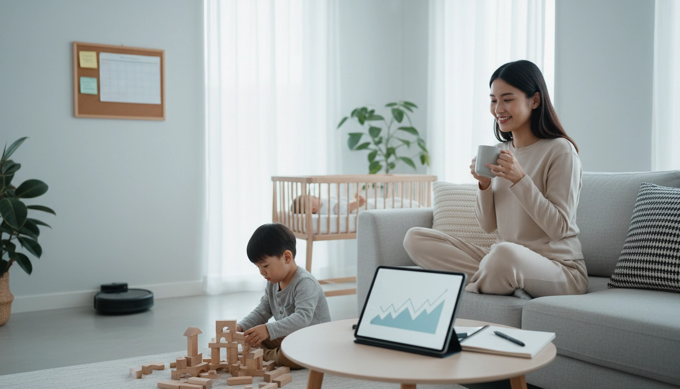 Maman détendue buvant un café, illustrant les astuces pour alléger la charge mentale d'une maman au foyer