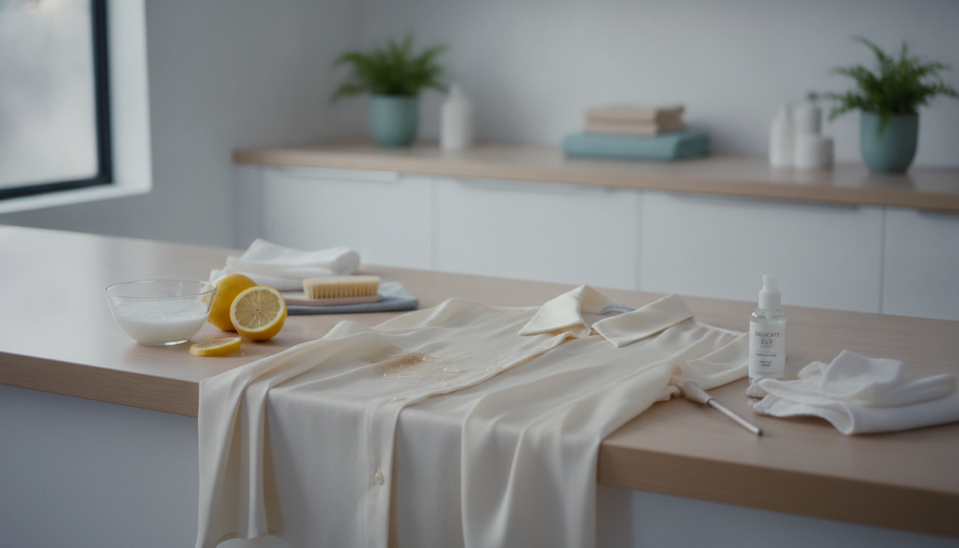 Une personne utilisant des astuces détachage vêtements délicats soie avec précaution sur un tissu en soie de qualité.