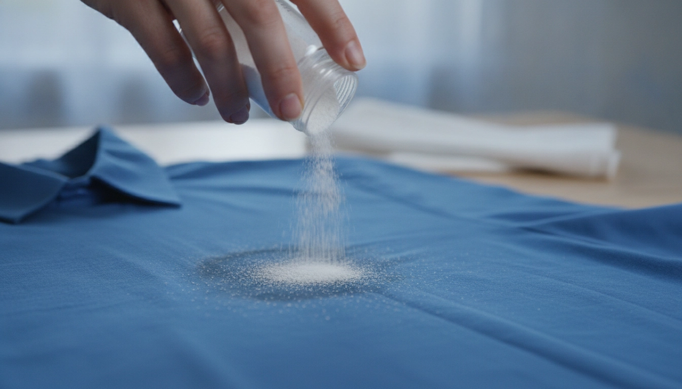 Illustration des astuces détachage vêtements gras sans frotter sur un tissu bleu.