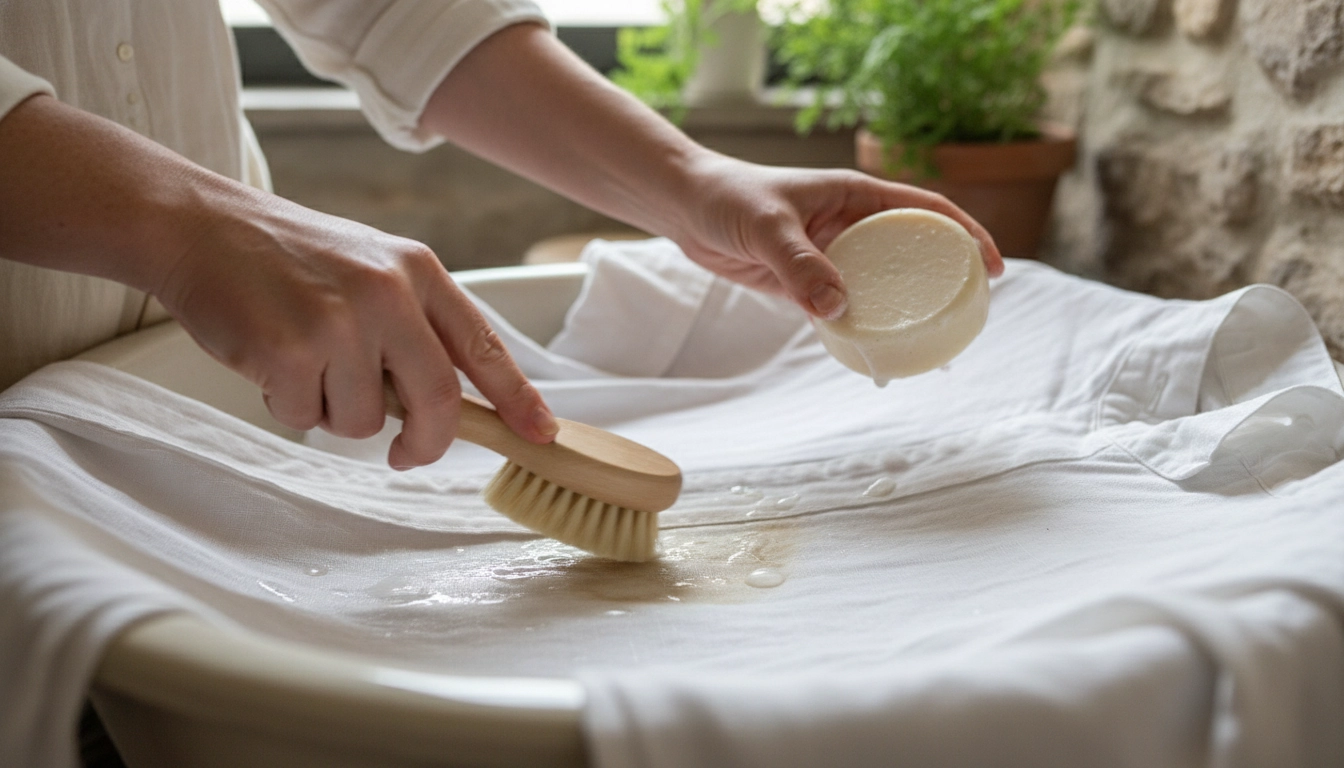 Application des meilleures astuces détachage vieilles taches vêtements à l'aide d'une brosse douce et de savon naturel.
