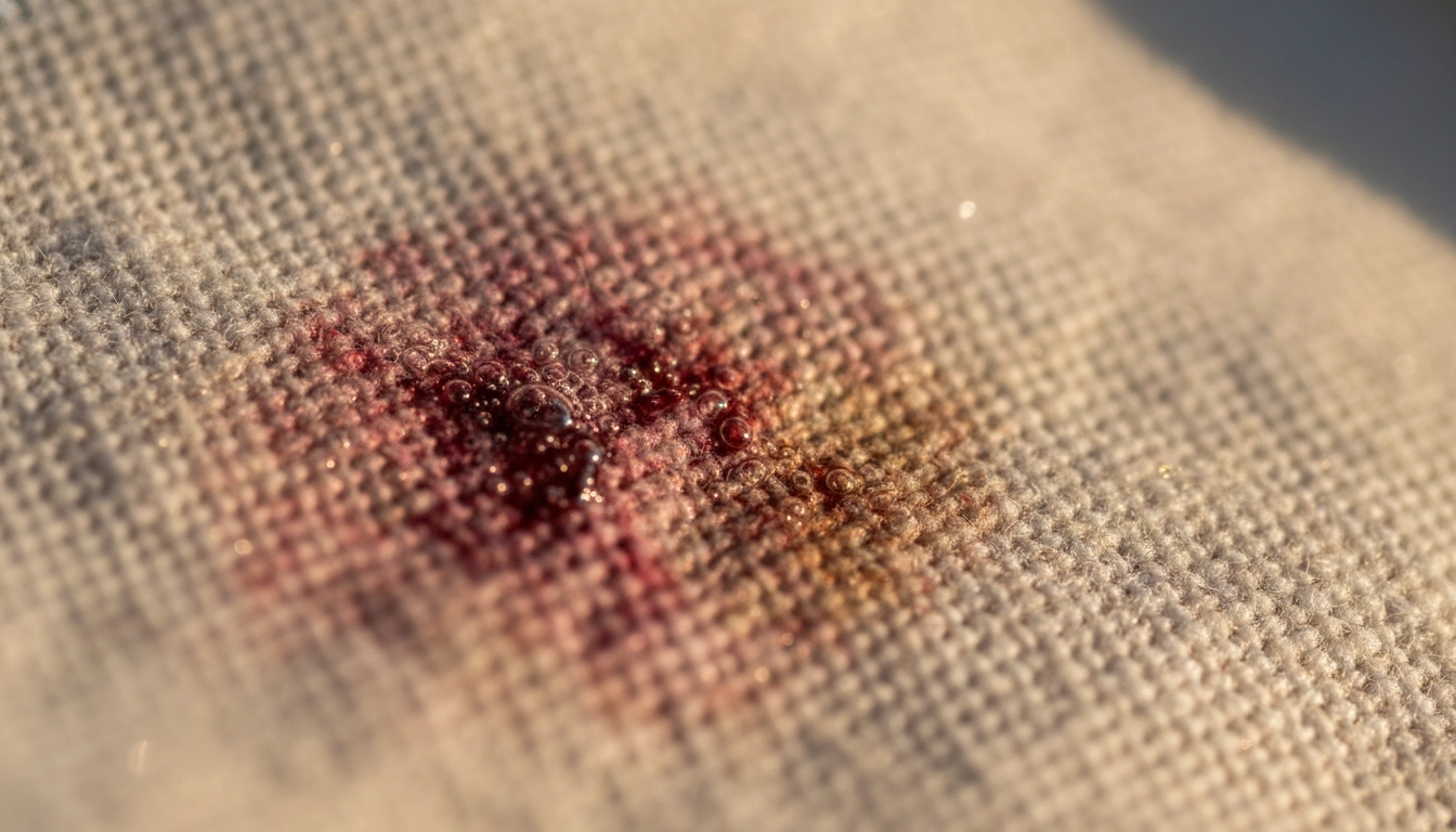 Macro d'une goutte d'eau oxygénée dissolvant une tache d'oxydation sur la maille d'un t-shirt en coton.
