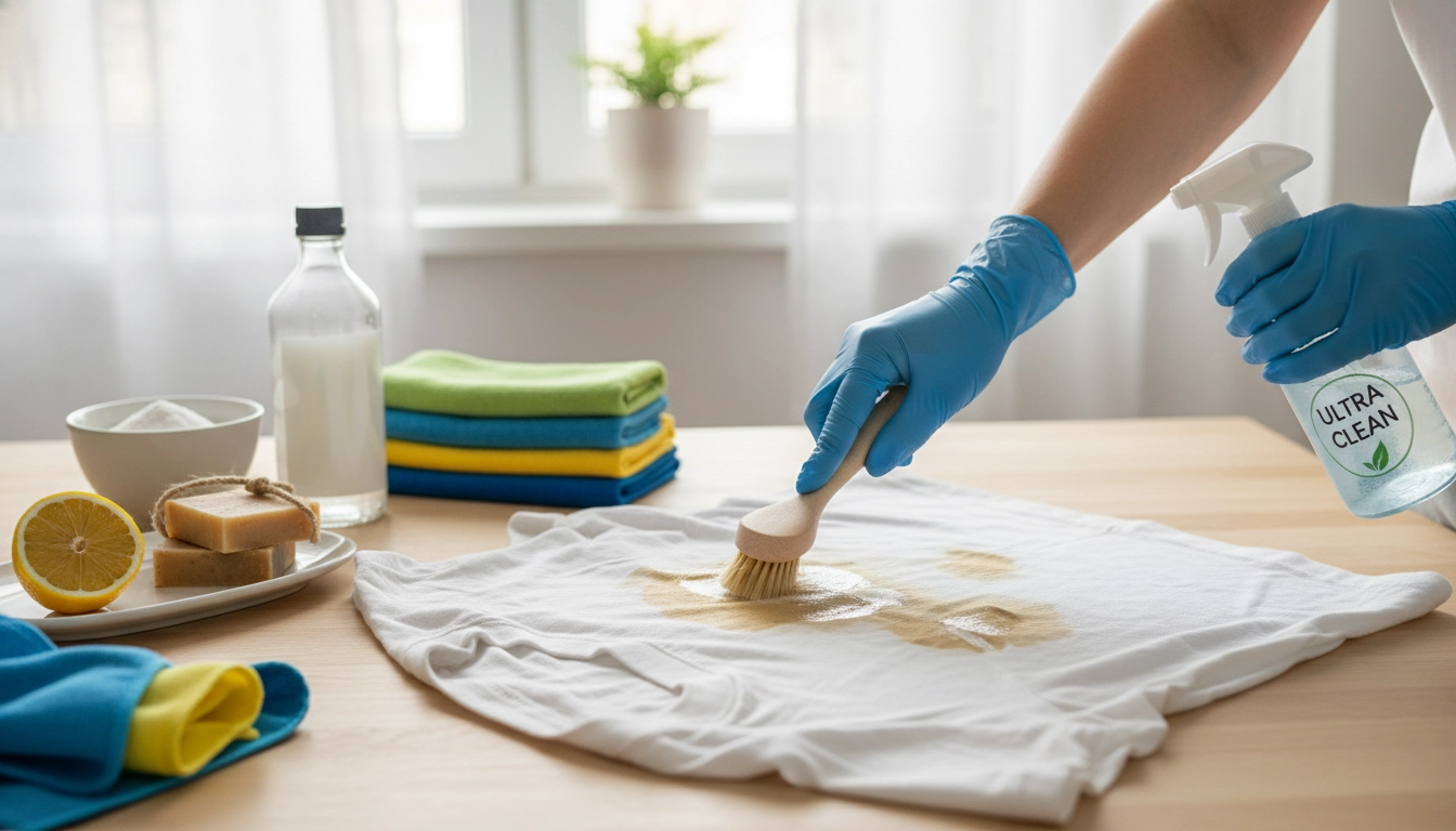 Une personne appliquant minutieusement du bicarbonate de soude sur une vieille tache incrustée sur une chemise blanche en coton.