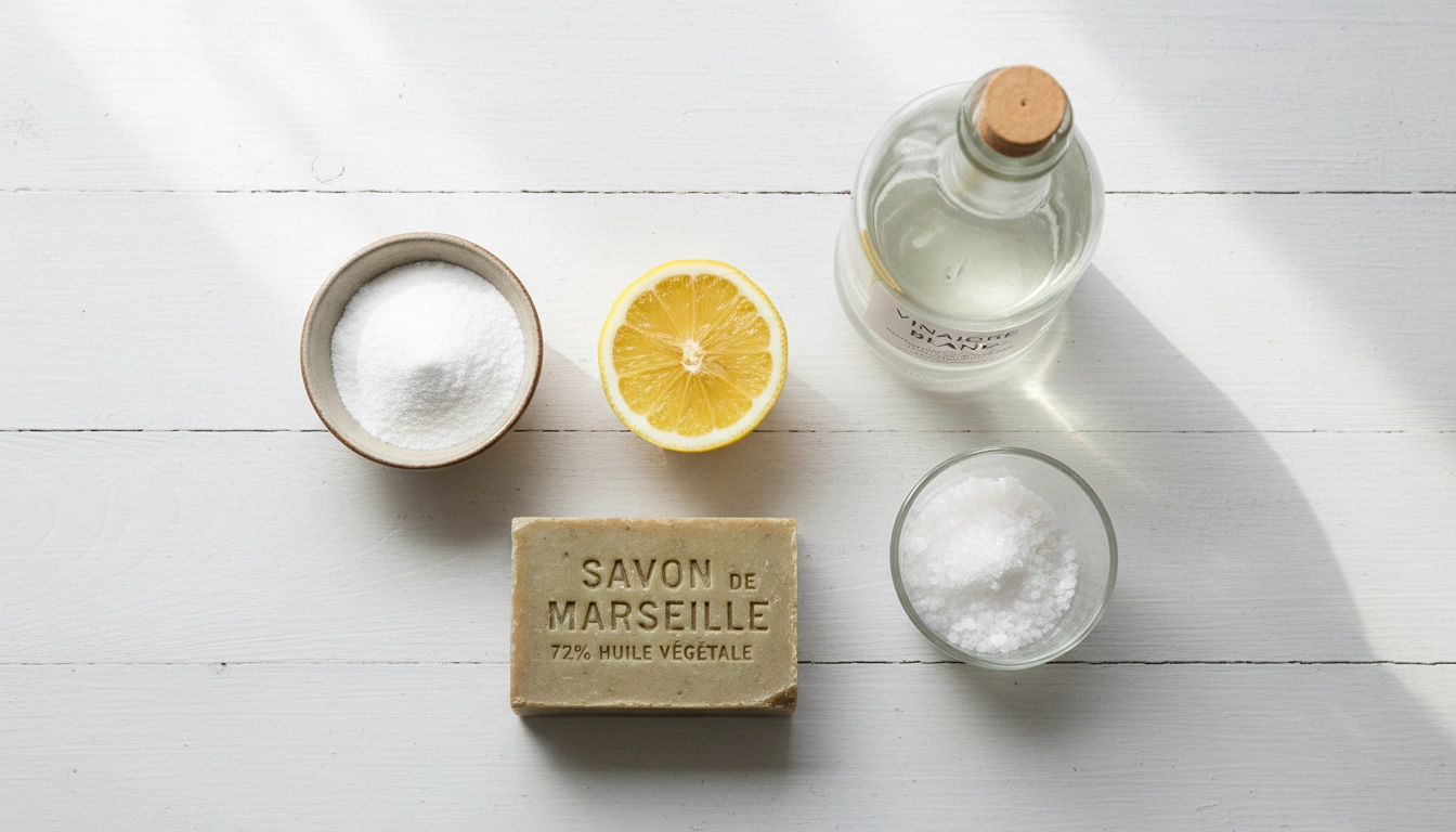 Produits naturels pour les astuces détachage vêtements : citron, bicarbonate, vinaigre blanc et savon de Marseille