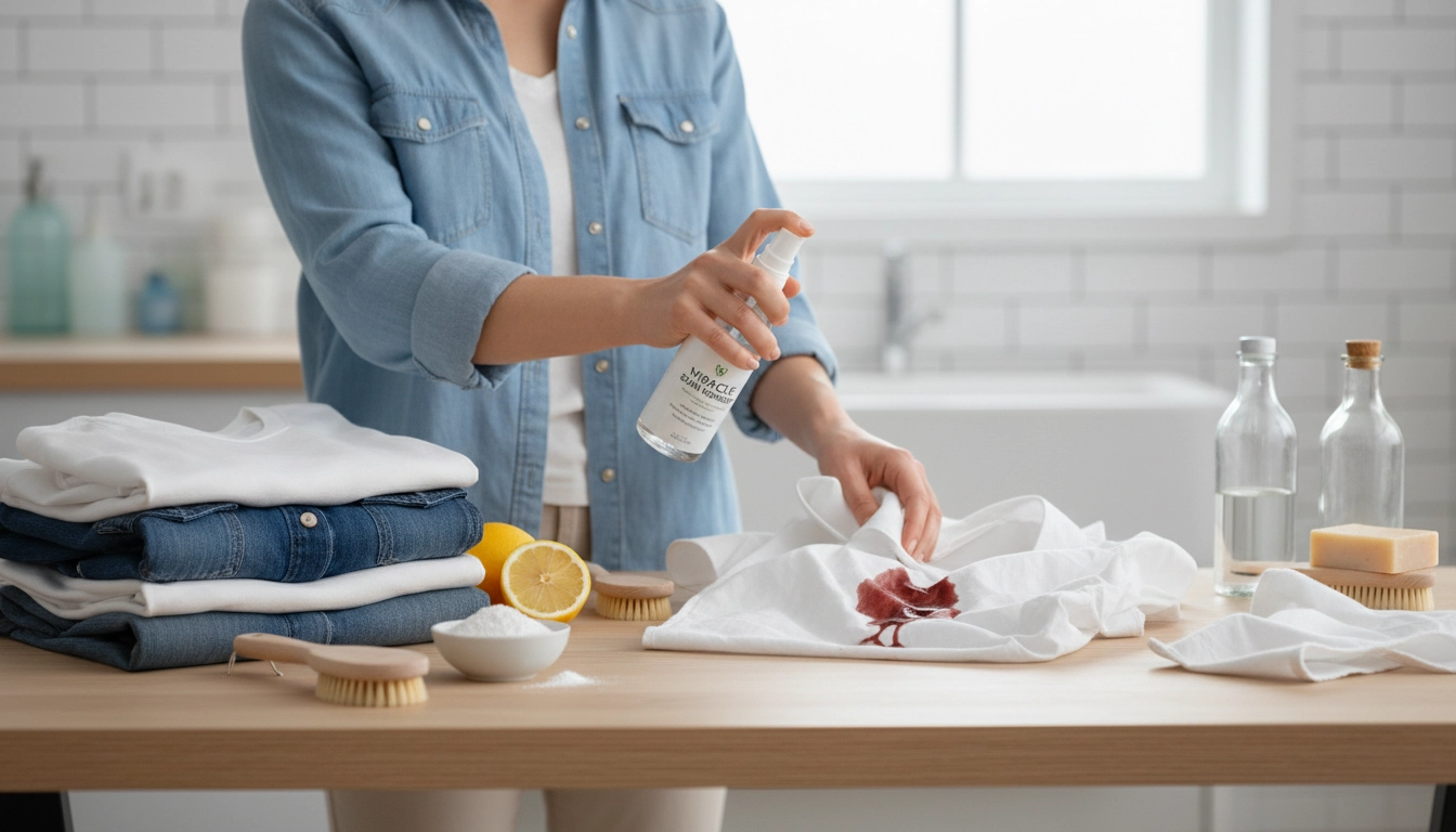 Présentation des meilleures astuces détachage vêtements avec produits naturels sur une table en bois