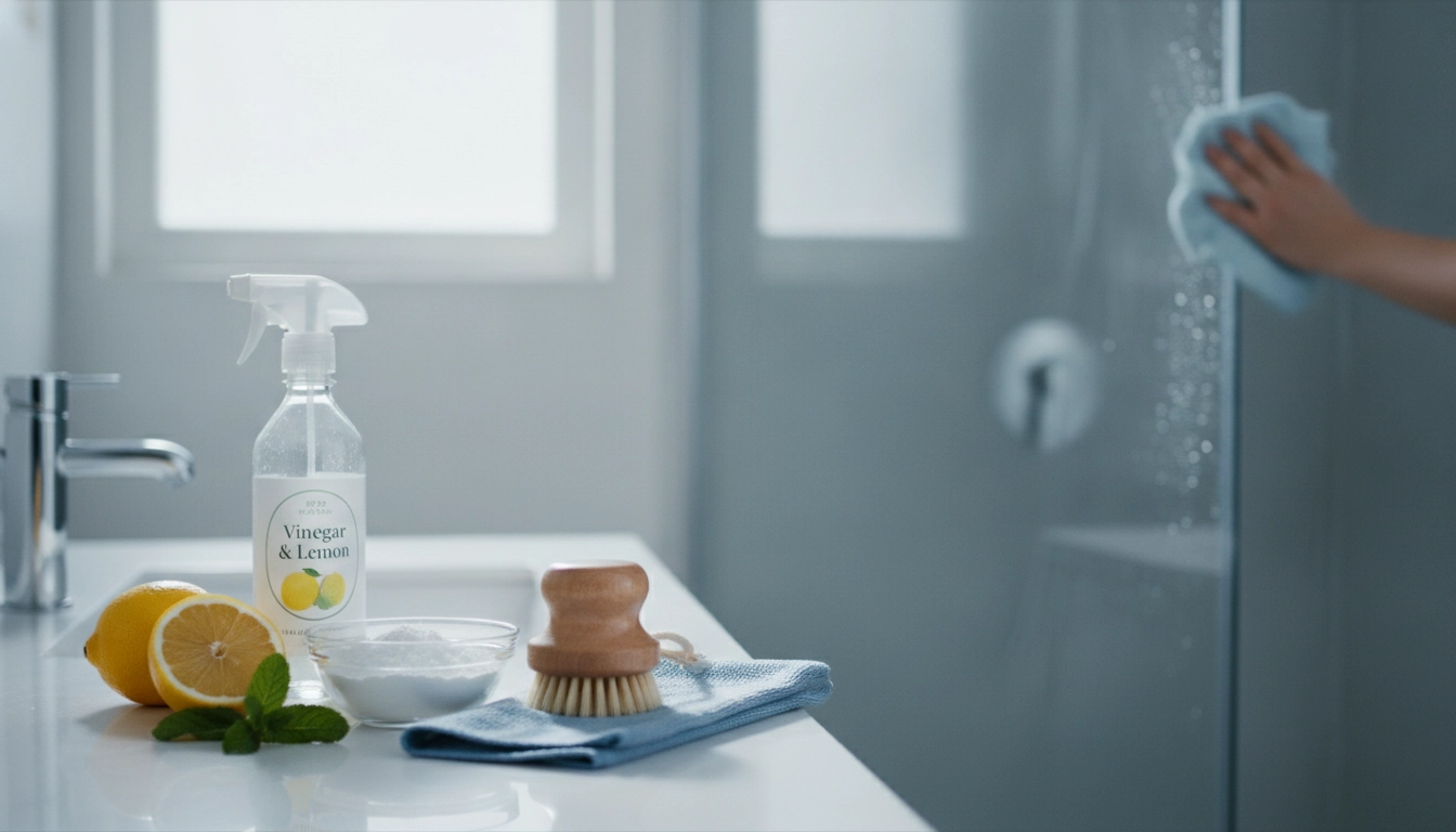 Une salle de bain propre et lumineuse avec des produits naturels, illustrant les astuces nettoyage rapide salle bain produits naturels.