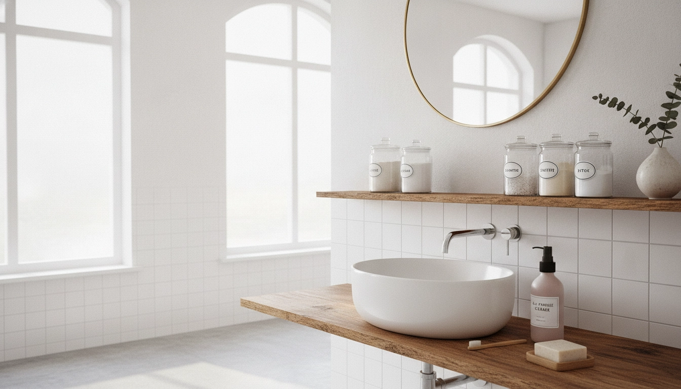 Mise en place de nos astuces nettoyage salle de bain zéro déchet avec des produits naturels en bocaux.