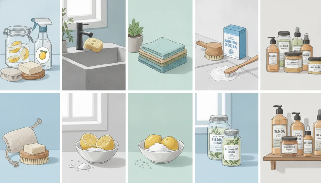 Une salle de bain propre et organisée utilisant des solutions de nettoyage naturelles et durables.