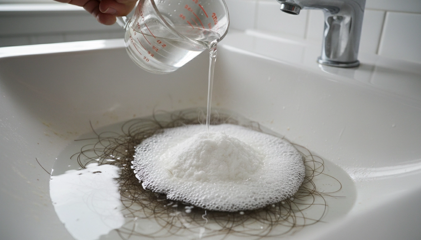 Application des astuces nettoyage vinaigre bicarbonate de soude pour déboucher un lavabo de salle de bain.