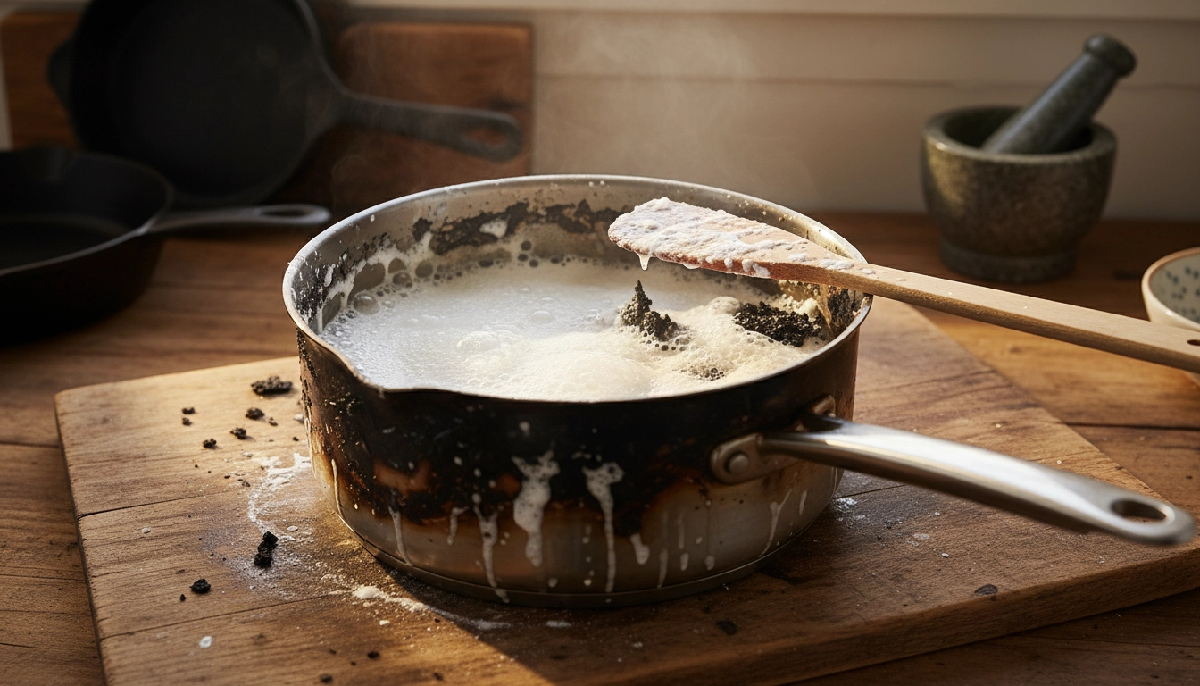 Casserole en inox avec un fond brûlé en cours de nettoyage grâce à une pâte effervescente naturelle.