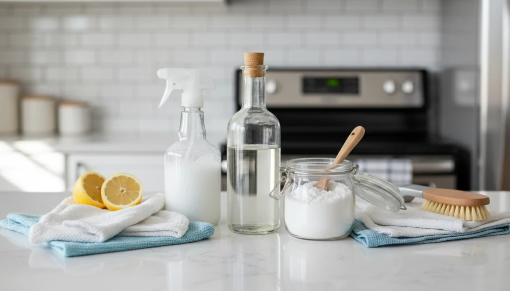 Mélange effervescent de vinaigre blanc et bicarbonate de soude dans un bol transparent posé sur un plan de travail de cuisine propre.