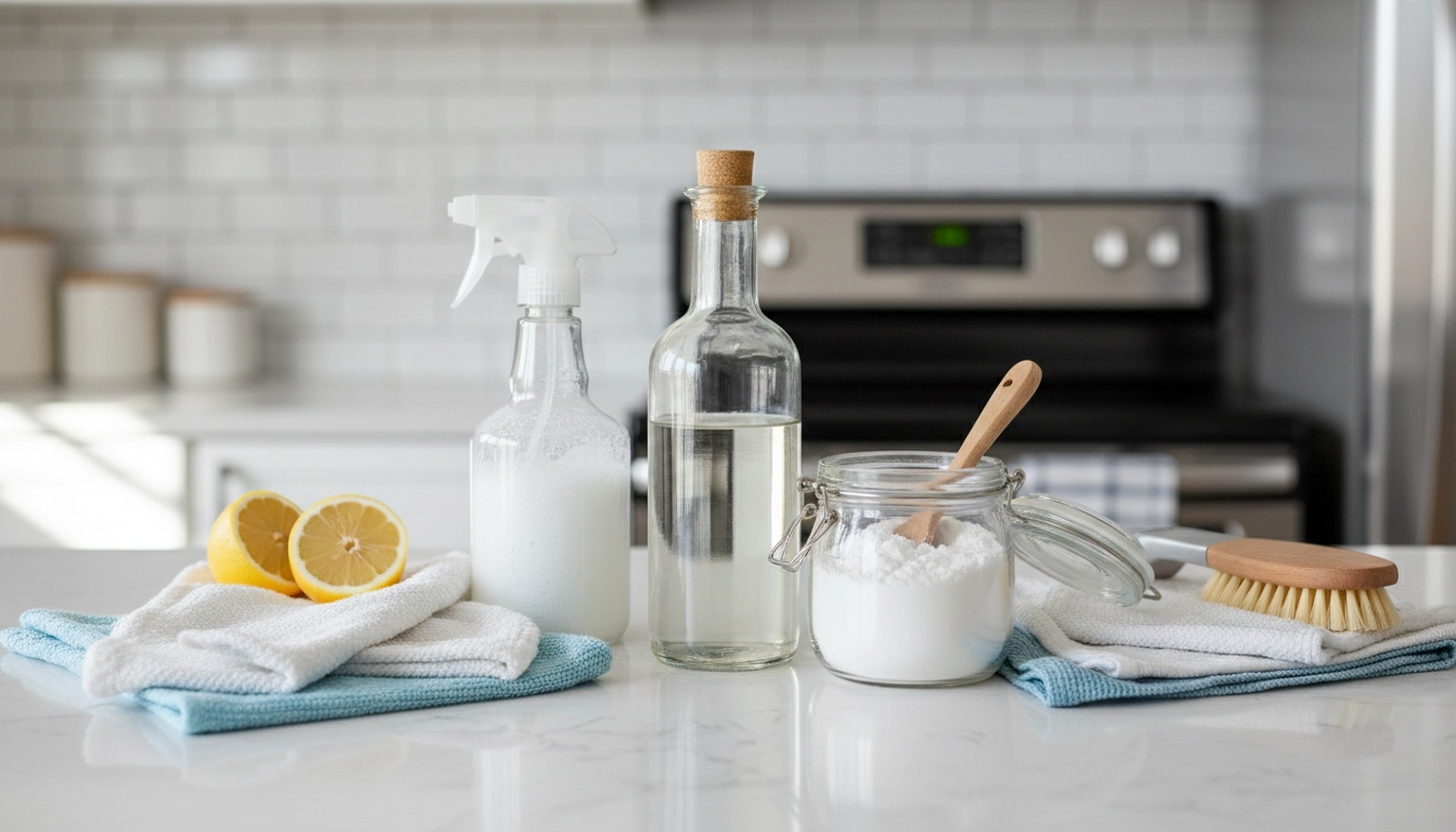 Mélange effervescent de vinaigre blanc et bicarbonate de soude dans un bol transparent posé sur un plan de travail de cuisine propre.