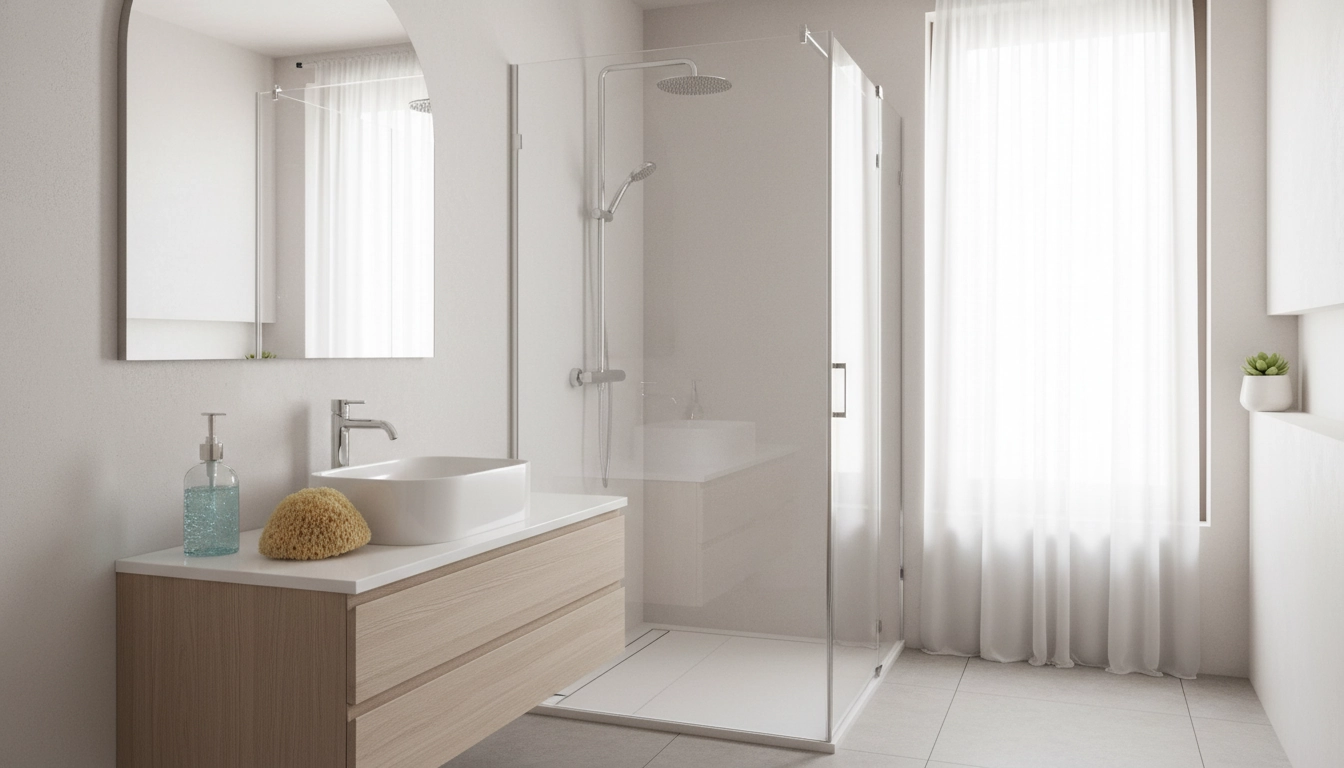 Mise en pratique des astuces nettoyage vinaigre blanc salle de bain sur un lavabo en céramique.