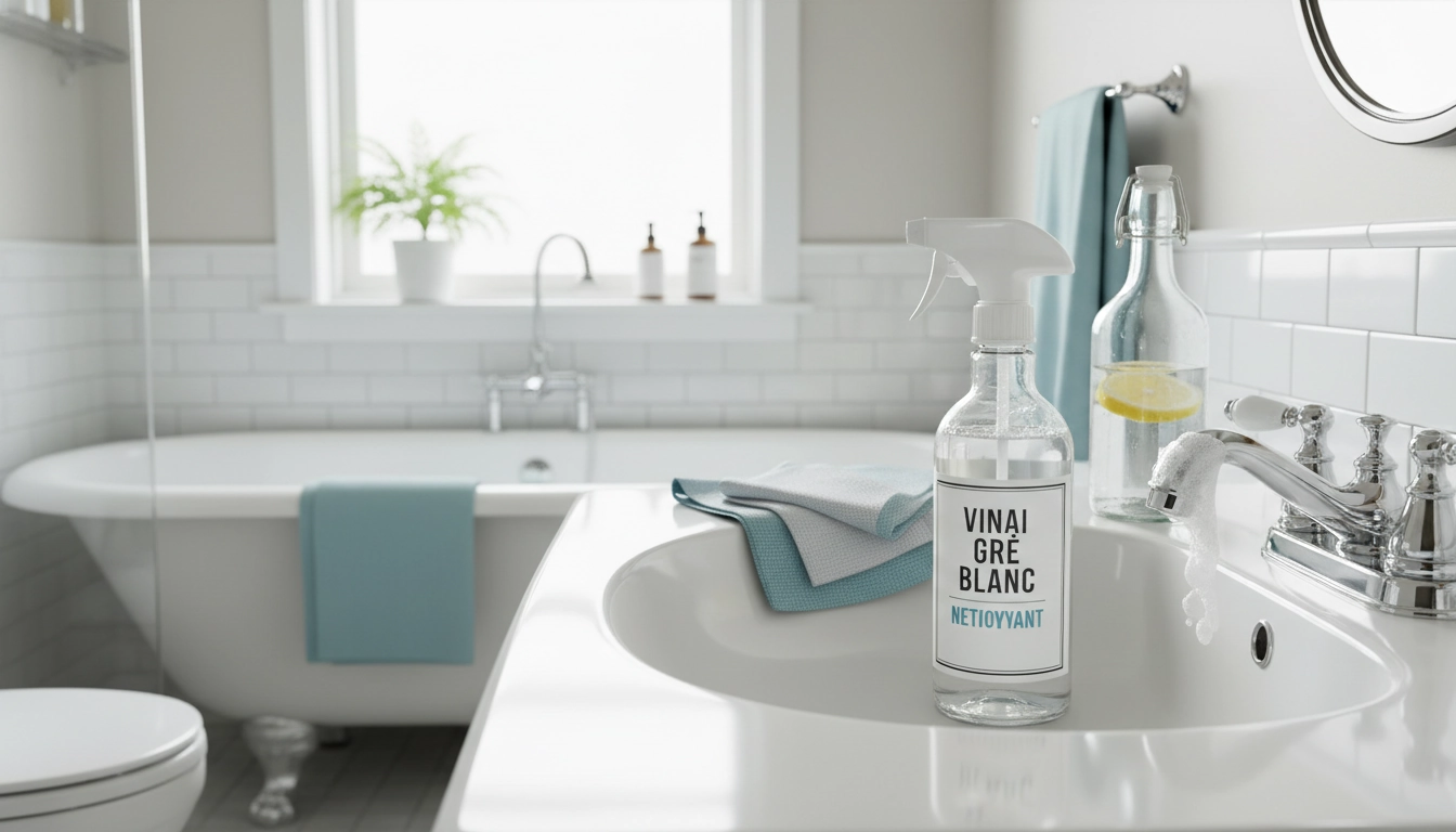 Flacon de vinaigre blanc et éponge sur le rebord d'un lavabo propre et brillant.