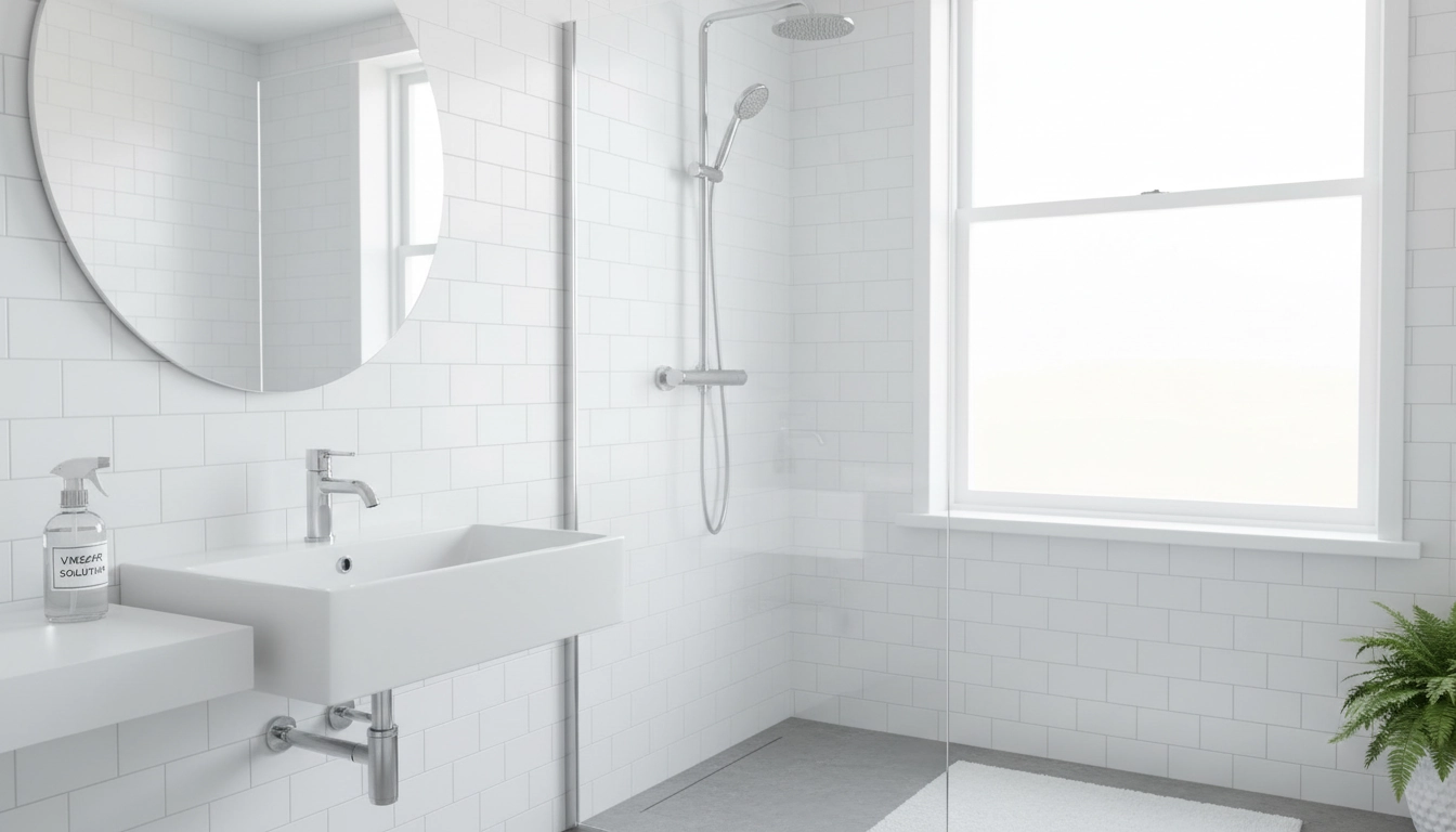 Salle de bain éclatante après nettoyage des robinets et de la douche au vinaigre blanc