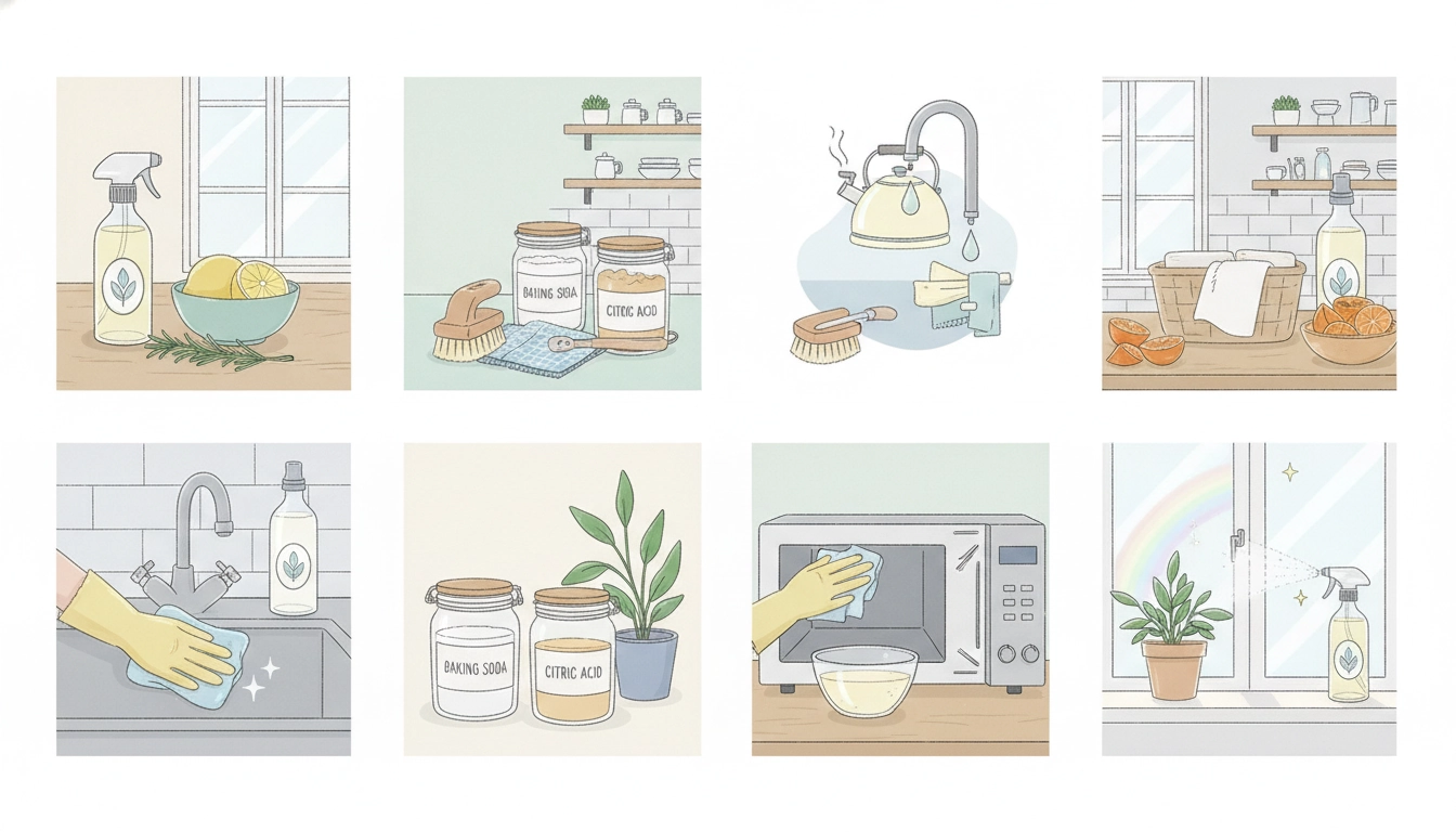 Une cuisine moderne et propre utilisant des astuces nettoyage vinaigre pour cuisine ecologique