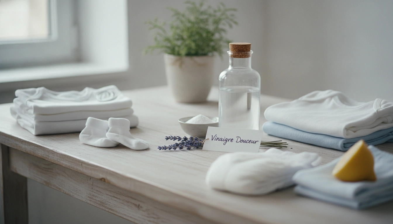 Une maman rangeant du linge de bébé propre avec des astuces nettoyage vinaigre pour linge bébé visibles en arrière-plan.