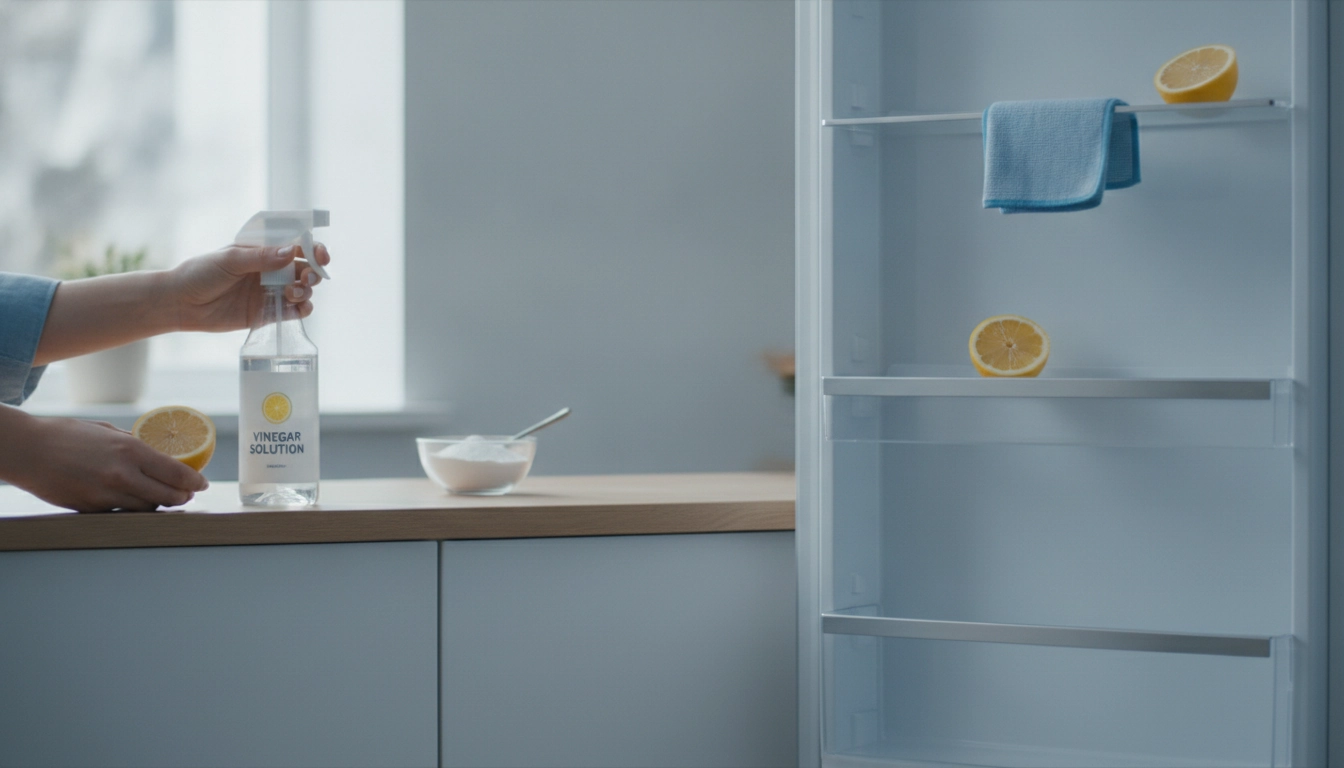 Une personne utilisant des astuces nettoyage vinaigre odeurs frigo pour nettoyer un réfrigérateur propre