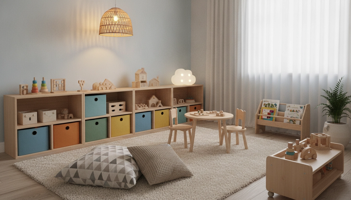 Exemple d'astuces rangement chambre enfant jouets avec des étagères basses et des boîtes colorées.
