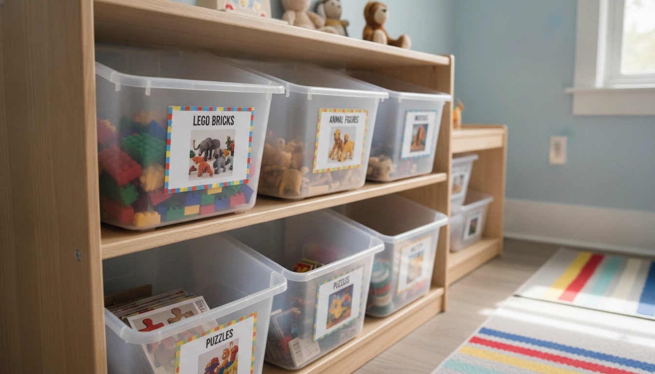 Détail de bacs de rangement étiquetés pour faciliter le tri des jouets dans une chambre d'enfant.