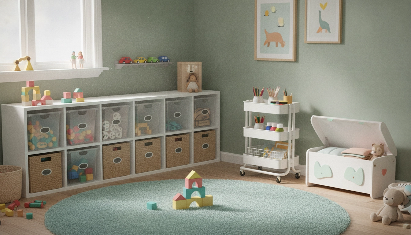 Une chambre d'enfant parfaitement organisée avec des étagères basses et des bacs de rangement colorés utilisant des astuces rangement chambre enfant jouets.