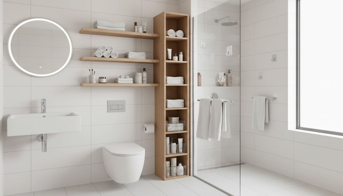 Astuces rangement petite salle bain avec étagères flottantes et colonne de rangement étroite