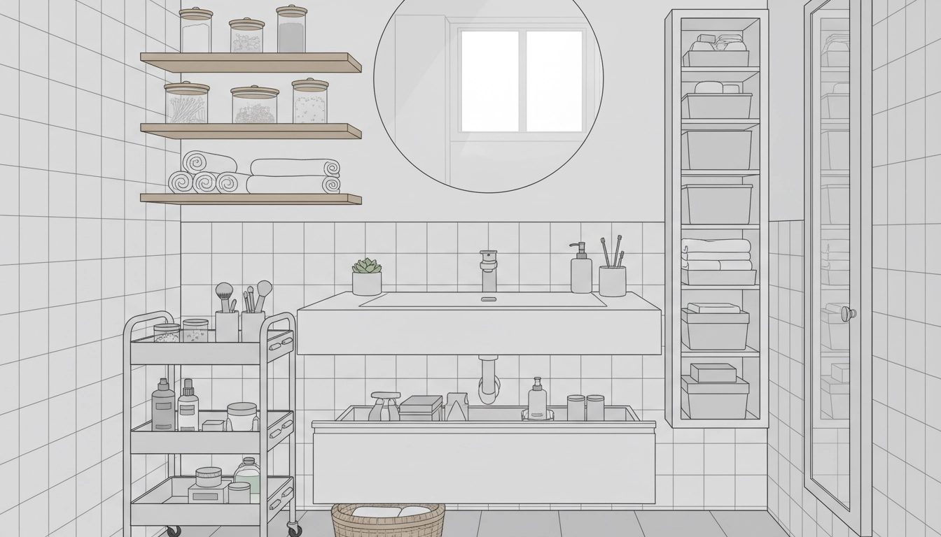 Petite salle de bain bien rangée avec étagères flottantes et organiseurs muraux