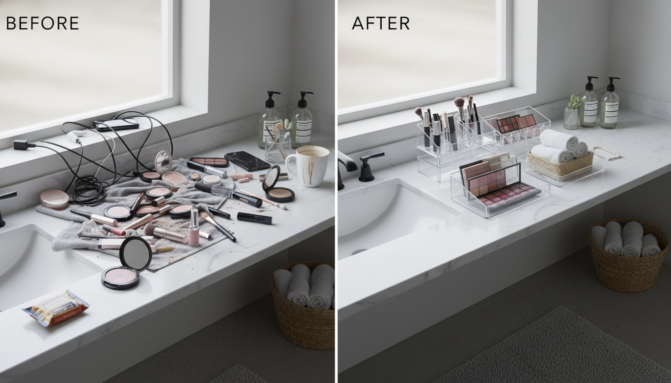 Avant et après le tri des cosmétiques pour appliquer nos astuces rangement salle bain.