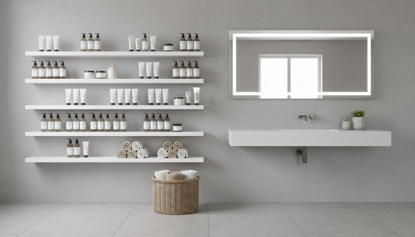 Salle de bain moderne avec étagères flottantes illustrant les meilleures astuces rangement salle bain