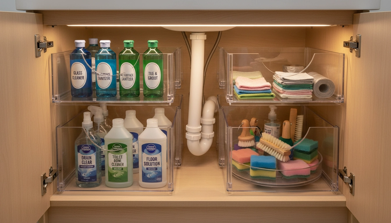 Aménagement ingénieux du meuble sous vasque avec des tiroirs coulissants transparents.