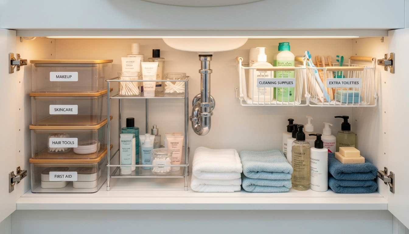 Organisation de l'espace sous le lavabo avec paniers étiquetés et organiseurs adaptés au siphon