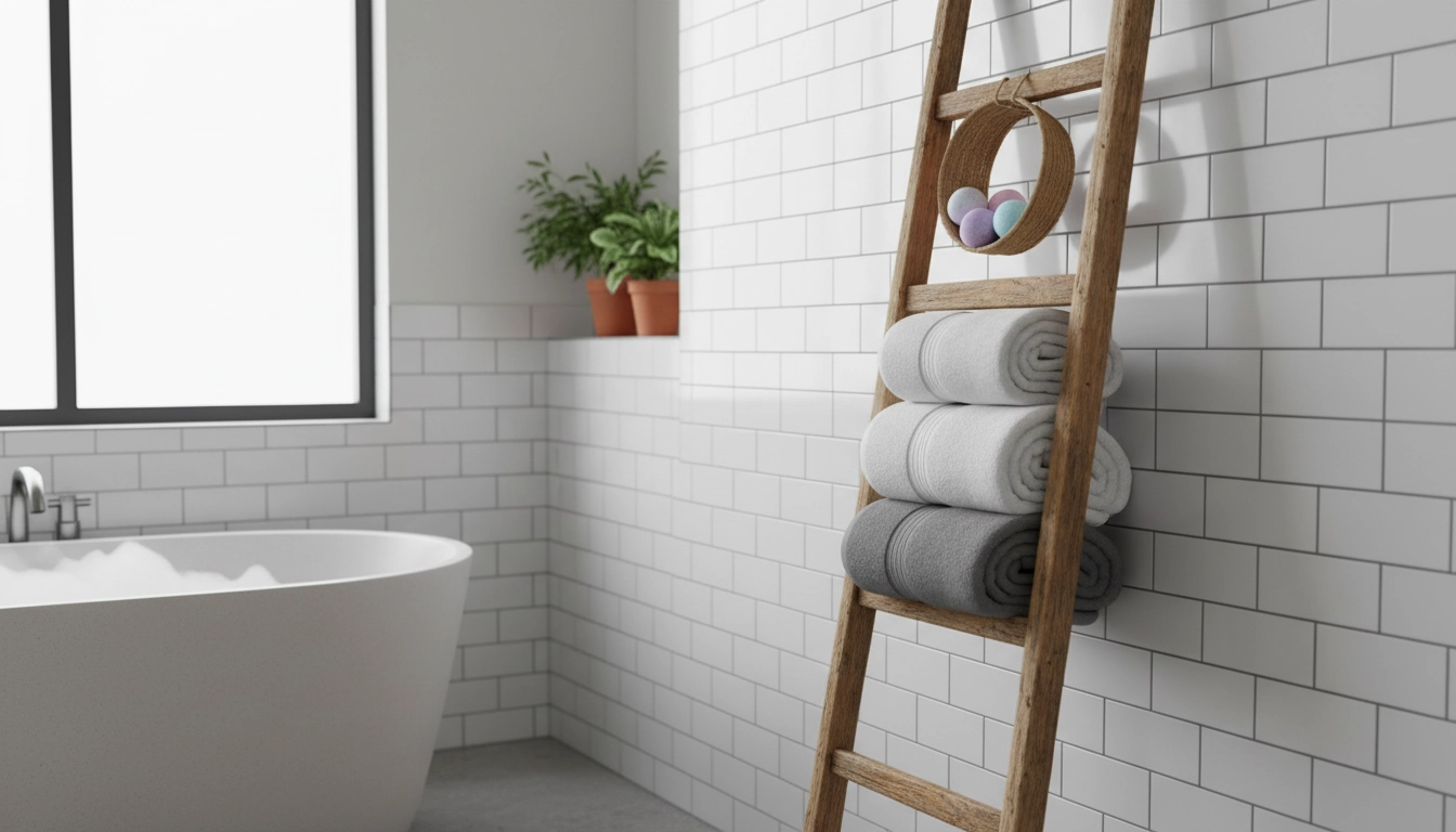 Échelle en bois adossée au mur utilisée pour ranger les serviettes de bain roulées.