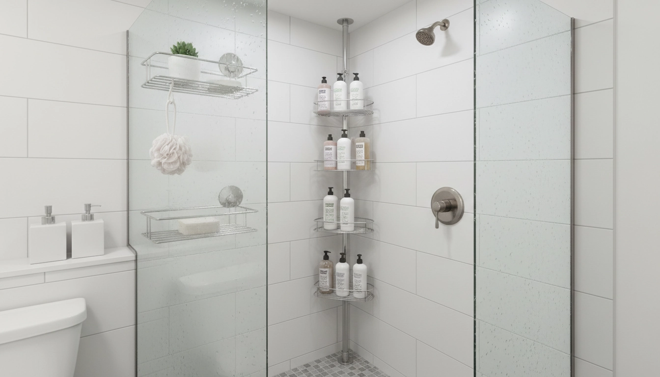 Rangement de douche sans perçage avec barre télescopique et ventouses pour organiser les produits de bain