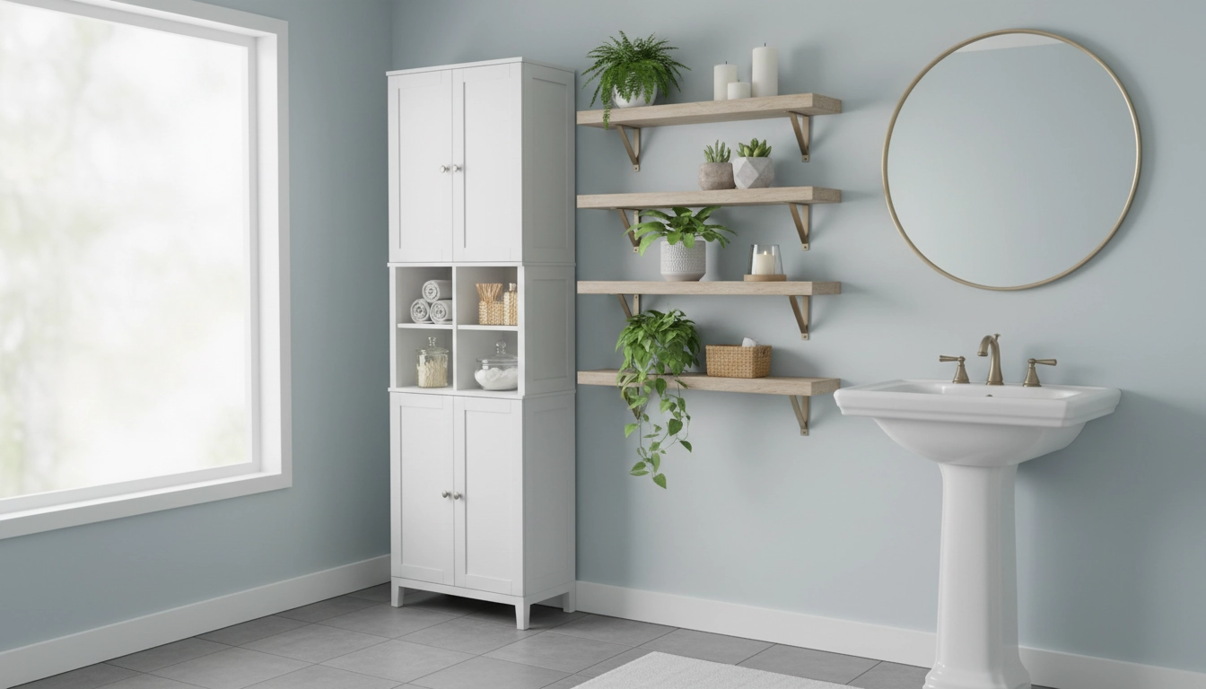 Colonne de rangement et étagères flottantes pour optimiser le rangement vertical dans une salle de bain