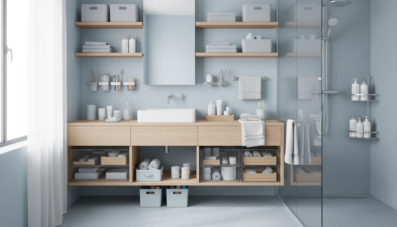 Une salle de bain lumineuse et parfaitement rangée avec des paniers en osier et des étagères murales.