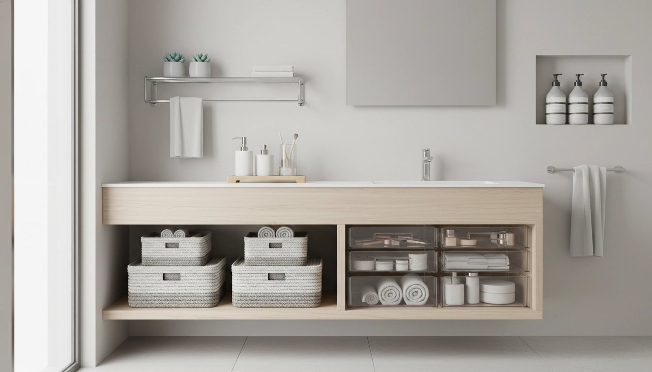 Salle de bain moderne parfaitement organisée avec des étagères flottantes, des paniers en osier et des produits de beauté rangés de façon impeccable.