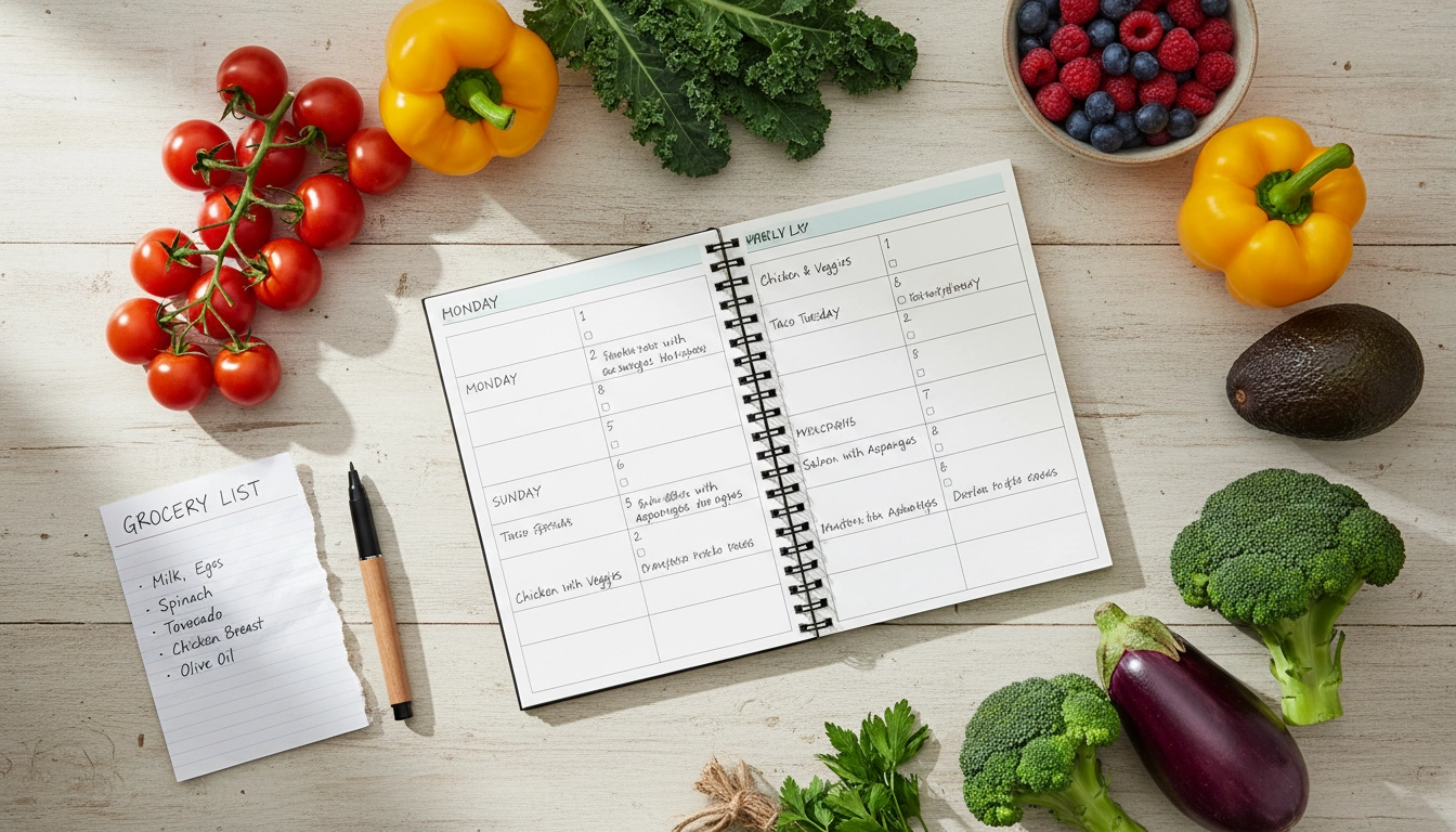 Carnet de planification repas semaine ouvert sur une table en bois avec légumes frais et liste de courses, illustrant les avantages planification repas semaine