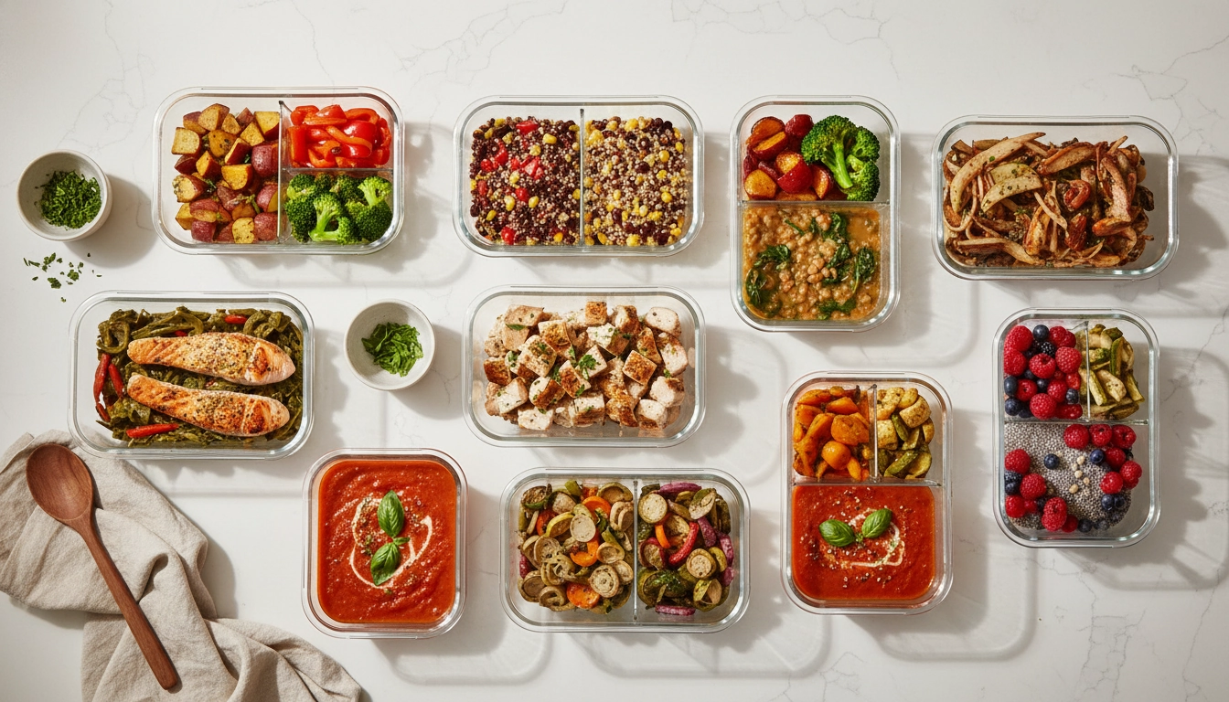 Préparation batch cooking dominicale avec contenants en verre remplis de repas cuisinés pour toute la semaine