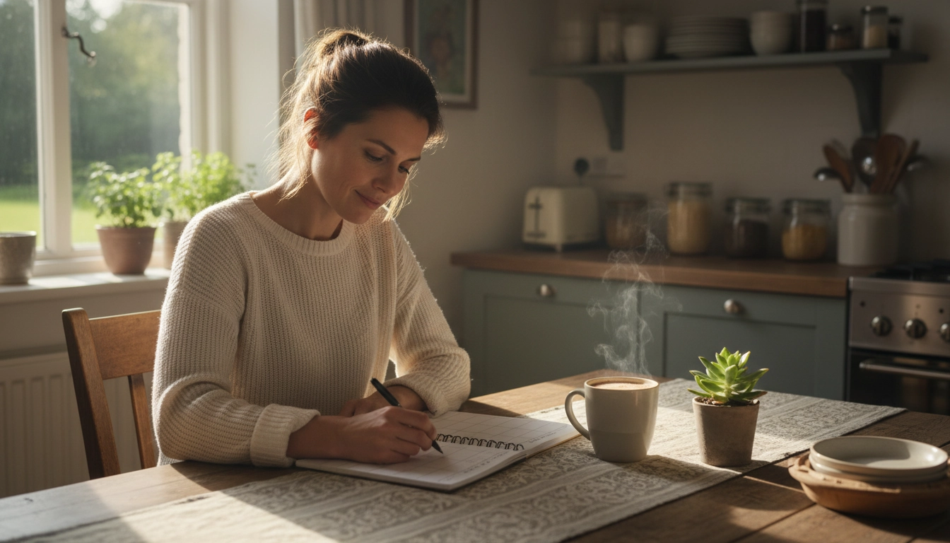 Femme sereine qui planifie ses repas de la semaine dans un carnet le dimanche matin avec une tasse de café