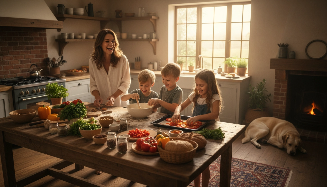 Famille heureuse qui cuisine ensemble grâce à une organisation alimentaire hebdomadaire planifiée