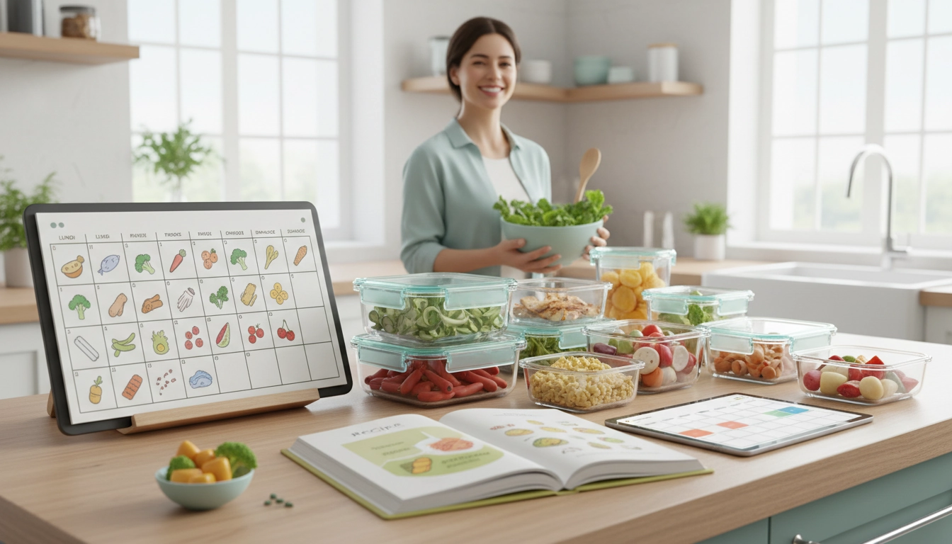 Tableau de planification repas semaine affiché dans une cuisine moderne, avec liste de courses et ingrédients frais