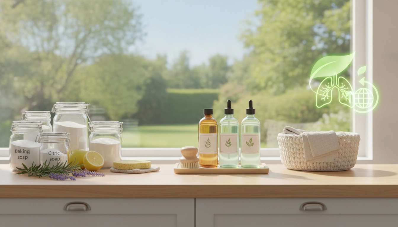 Une cuisine lumineuse et propre utilisant des produits naturels pour les bénéfices santé environnement produits ménagers naturels