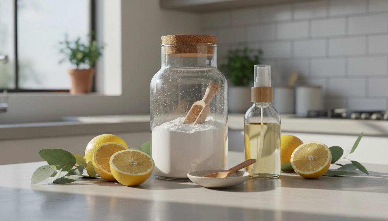 Pot en verre contenant la poudre blanche prouvant le bicarbonate de soude nettoyage écologique efficacité sur un plan de travail.