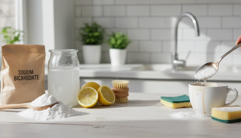 Bicarbonate de soude et citron purifiant une surface de cuisine en bois.
