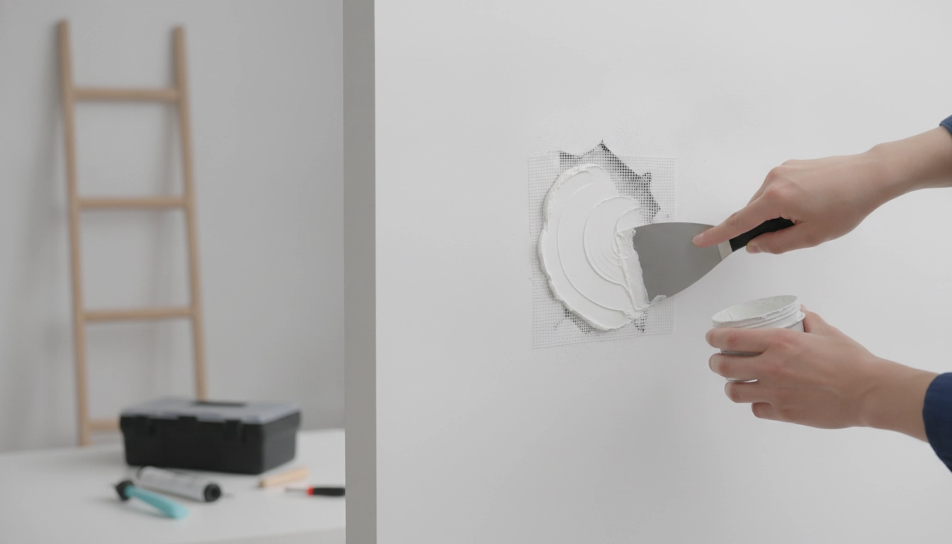 Un homme utilisant une spatule pour boucher trou mur plâtre facilement avec précision.