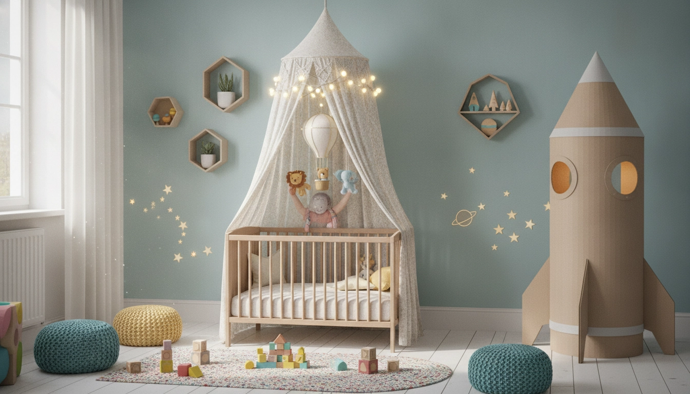 Un parent et son enfant réalisant un bricolage décoration chambre enfant DIY original avec du bois et des couleurs vives.