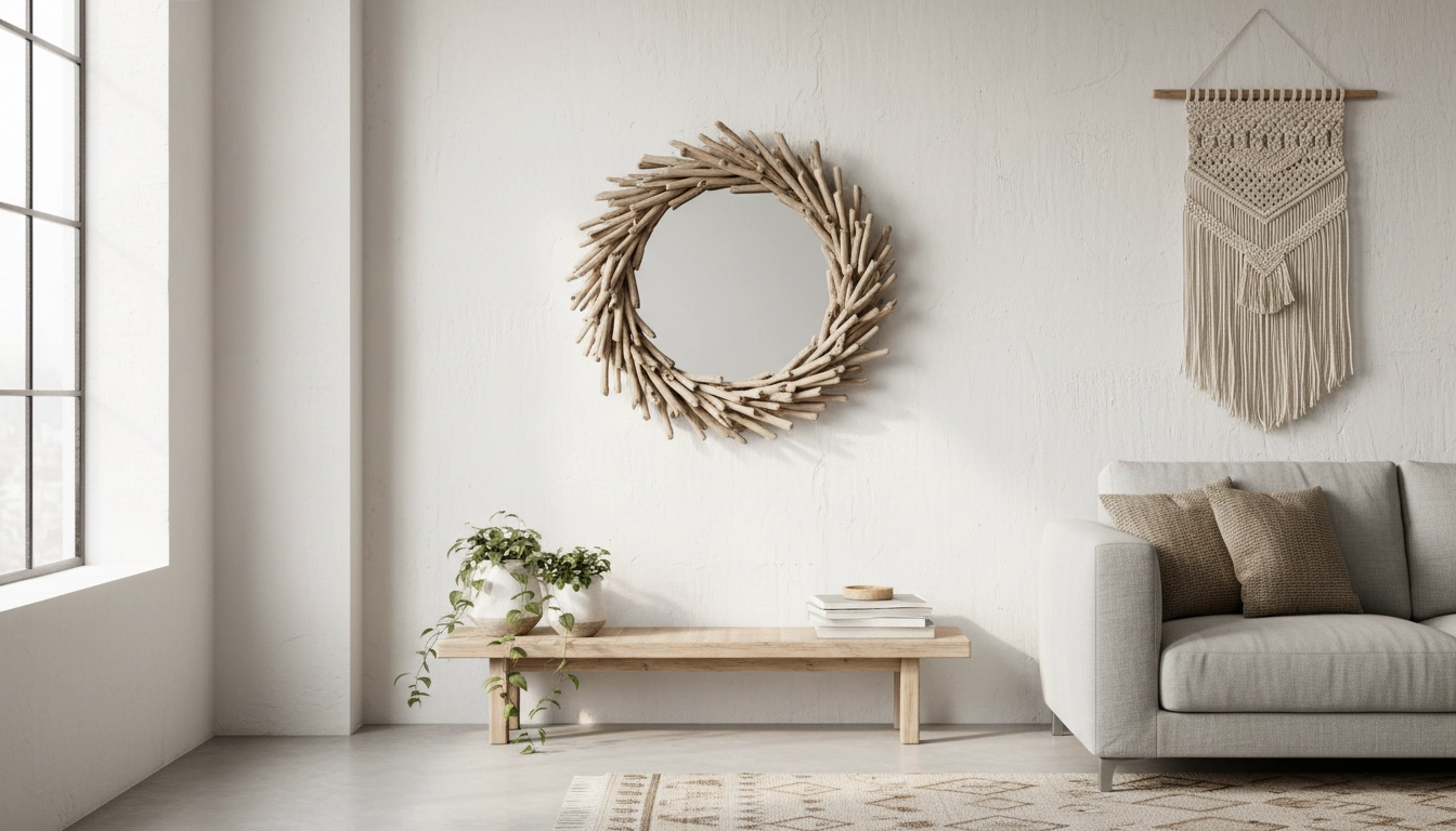 Création originale d'un miroir mural en bricolage décoration intérieur bois flotté