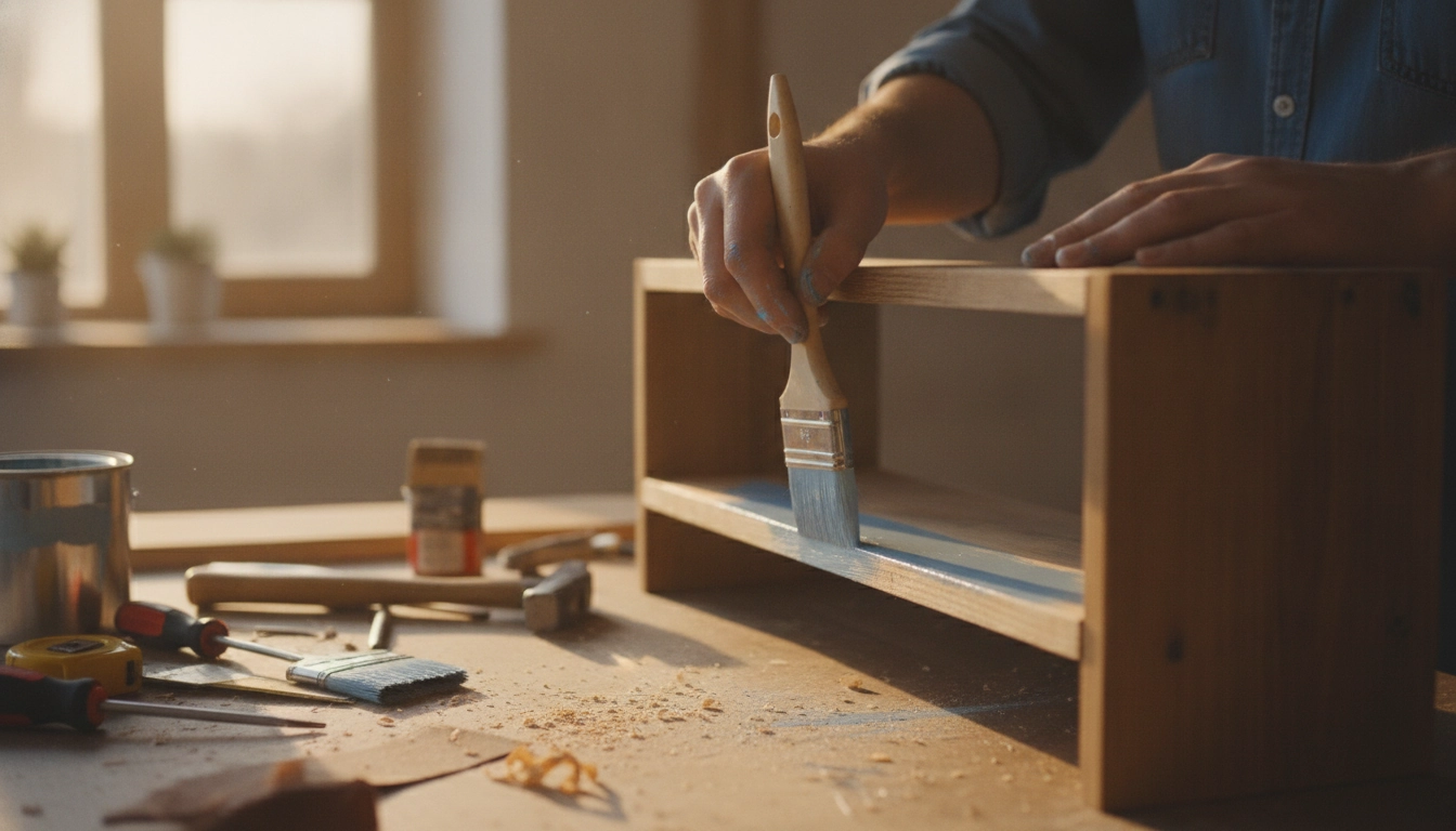 Un débutant en plein projet de bricolage décoration intérieur débutant facile sur une étagère en bois.