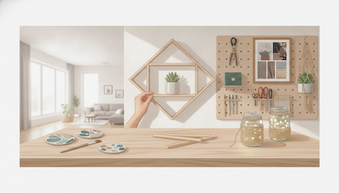 Un espace de travail organisé pour un projet de bricolage décoration intérieur débutant facile avec des outils en bois et des plantes.