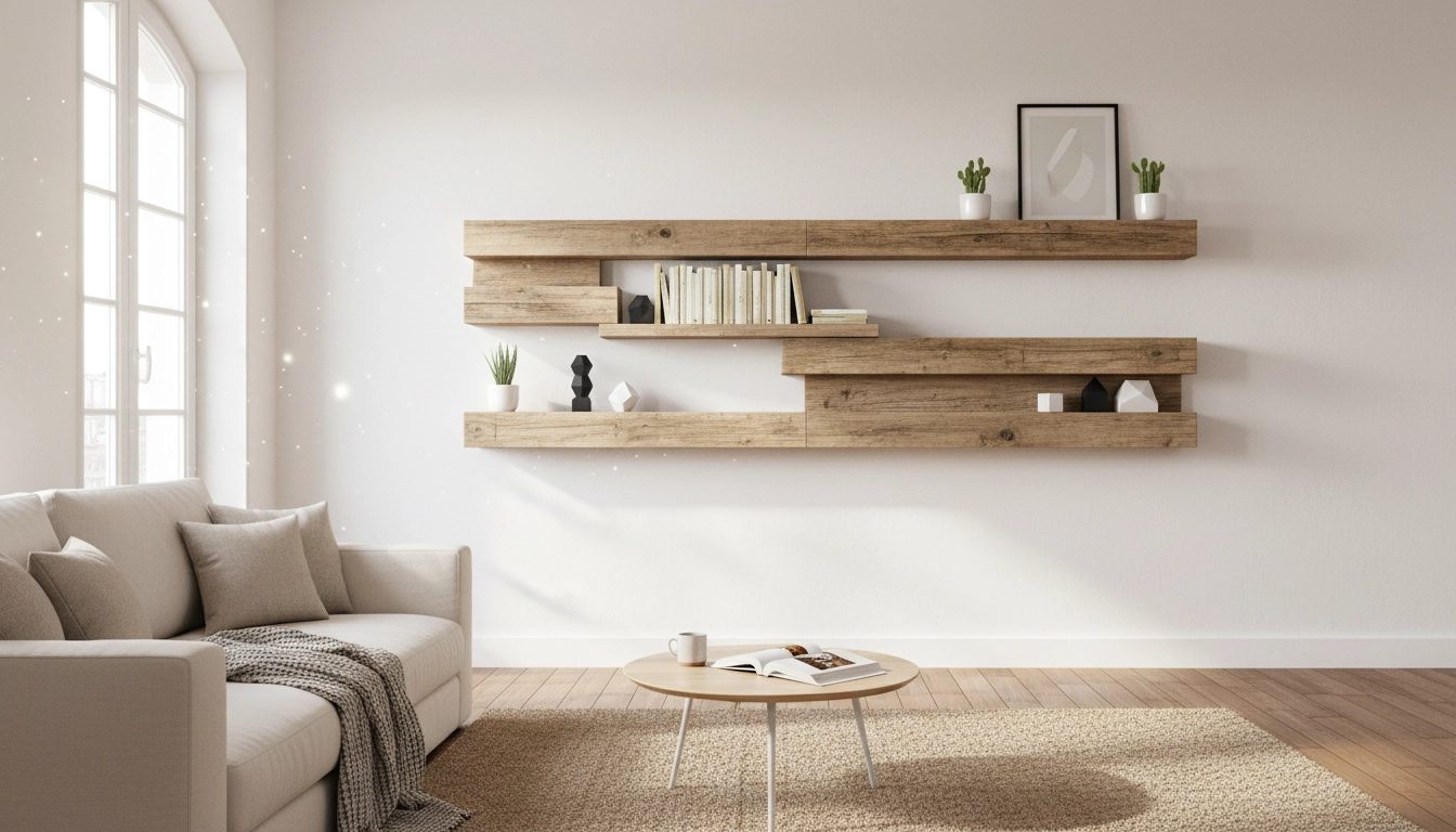 Étagères murales en bois récupéré, exemple de bricolage décoration intérieur pas cher idées pour un salon moderne