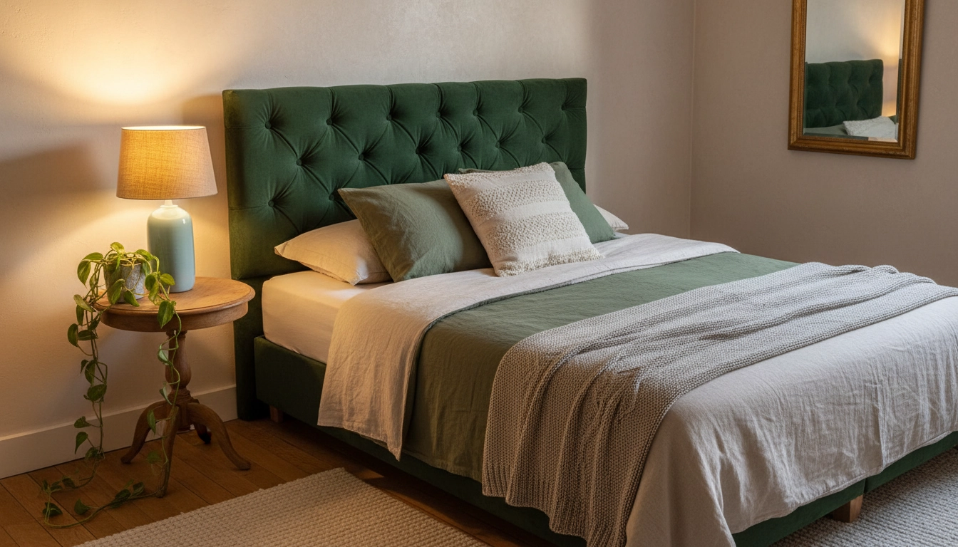 Tête de lit capitonnée faite maison en velours vert, idée de bricolage décoration intérieur pas cher pour transformer une chambre